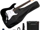 an electric guitar with a case, amp and accessories for it