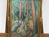 une peinture à l'huile représentant un oiseau perché sur un rocher dans une forêt