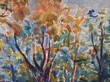 a painting of trees in a red frame on the wall