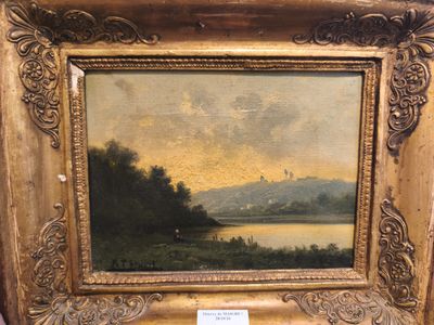 une image représentant un tableau représentant un paysage avec un lac en arrière-plan