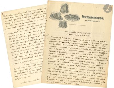 an old letter with a picture of a castle on it next to a piece of paper