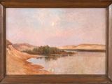 une peinture à l'huile représentant un paysage avec un lac et des montagnes en arrière-plan