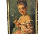 tableau représentant une femme en robe rose tenant une fleur
