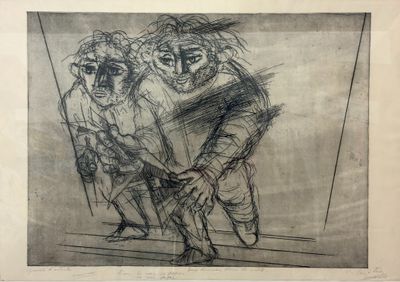 une image représentant un dessin d'un homme et d'une femme à cheval