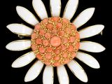 une image représentant une broche en forme de fleur blanche et orange sur fond noir