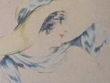 drawing of a woman in a hat with a scarf around her neck
