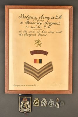 une photo d'un tableau encadré représentant un uniforme militaire et des insignes