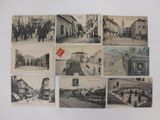 several old black and white photographs of people walking down a street