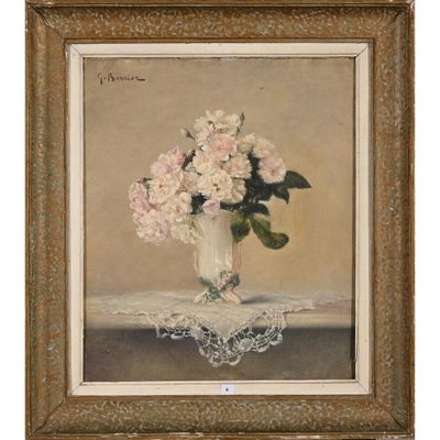 une peinture à l'huile représentant un vase de fleurs sur une table