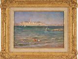 une peinture à l'huile représentant un voilier en mer, avec un château en arrière-plan