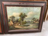 an oil painting of a farm scene with cows by a river