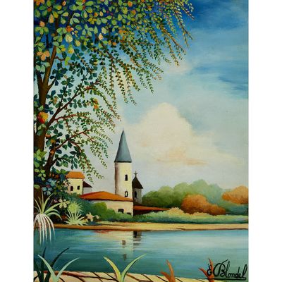 an oil painting of a church by the water with trees