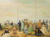 an oil painting of a group of people sitting on a beach