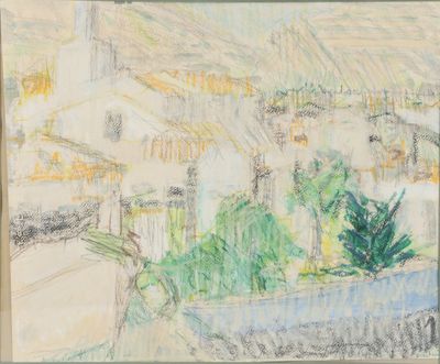drawing of a view of a town with a river and a bridge