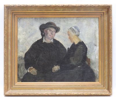 an oil painting of two women sitting next to each other
