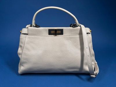 a white leather handbag on a blue background