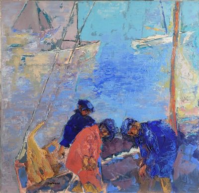 an oil painting of three people on a boat in the water