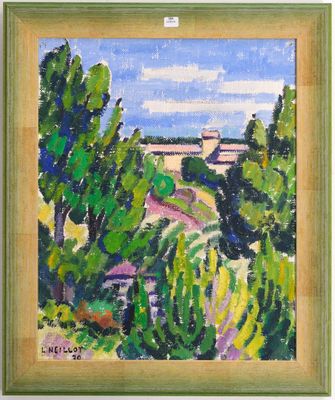 une peinture d'un paysage avec des arbres et une maison au loin