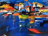 a painting of boats in a harbor with a blue sky