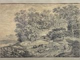 drawing of a farm scene with horses and a man on the road