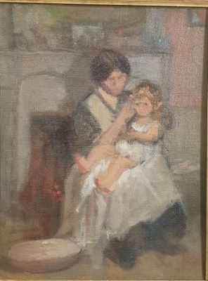une peinture à l'huile représentant une femme tenant un enfant dans un salon