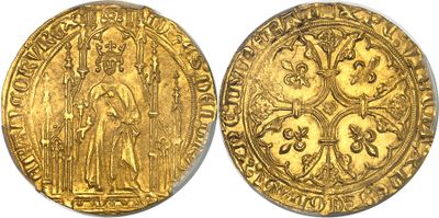 a gold coin with an image of a woman and a man on it