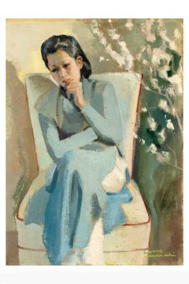 painting of a woman sitting in a chair with her hand on her chin