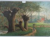 a painting of a man walking down a path in a field
