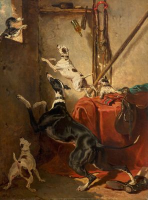 une image représentant un tableau où l'on voit des chiens jouer dans une pièce avec d'autres chiens