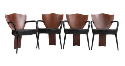 set of four chairs with black leather seats and wooden backrests
