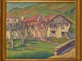 une peinture à l'huile représentant une maison dans un champ, avec des arbres et des montagnes en arrière-plan