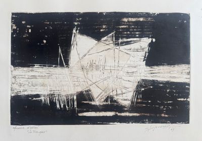 une image représentant un dessin en noir et blanc d'un bateau sur l'eau