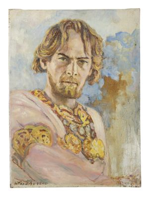 an oil painting of a man with a beard and a gold necklace