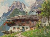 an oil painting of a house in a mountainous area with mountains in the background