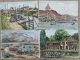 quatre tableaux représentant des bateaux dans un port, avec des bâtiments et des montagnes en arrière-plan