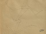 un vieux dessin représentant un homme sur un skateboard, un bâton à la main