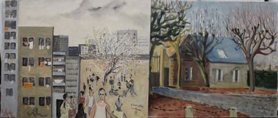 paintings of people walking down a street next to tall buildings