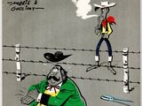 dessin représentant un homme vêtu d'une veste et d'un chapeau verts, un pistolet à la main, et un autre homme vêtu d'une veste et d'un chapeau verts, un pistolet à la main