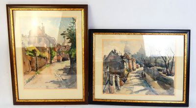 une paire d'aquarelles représentant une rue de village et une église