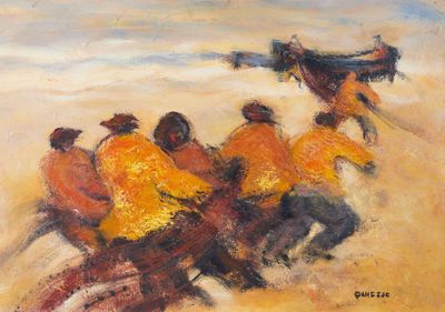un tableau représentant un groupe de personnes à cheval sur la plage