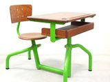 a green desk and a wooden chair in a room