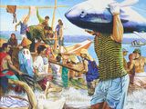 un tableau représentant un homme portant un poisson sur la tête