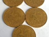 six gold coins are arranged on a white surface