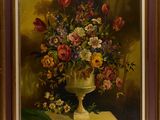 a painting of flowers in a vase on a table