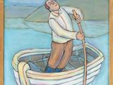 a painting of a man in a boat on the water