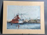 tableau représentant un bateau sur un plan d'eau près d'un quai