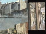 three paintings of a street scene with buildings and a horse drawn carriage