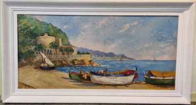 a picture of a painting of boats on the beach