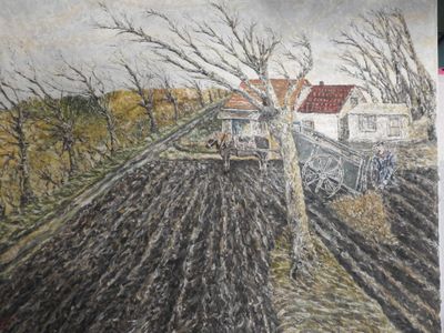 tableau représentant un tracteur labourant un champ devant une maison