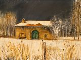 a painting of a house in the middle of a snowy field